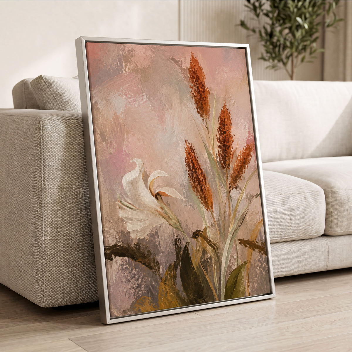 Blush and Russet Lily, pink, beige, white floral wall art displayed in a styled interior, gallery view 8