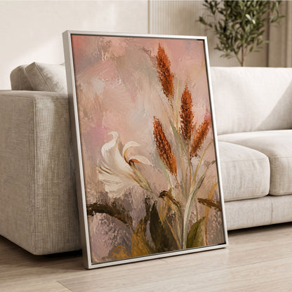 Blush and Russet Lily, pink, beige, white floral wall art displayed in a styled interior, gallery view 8