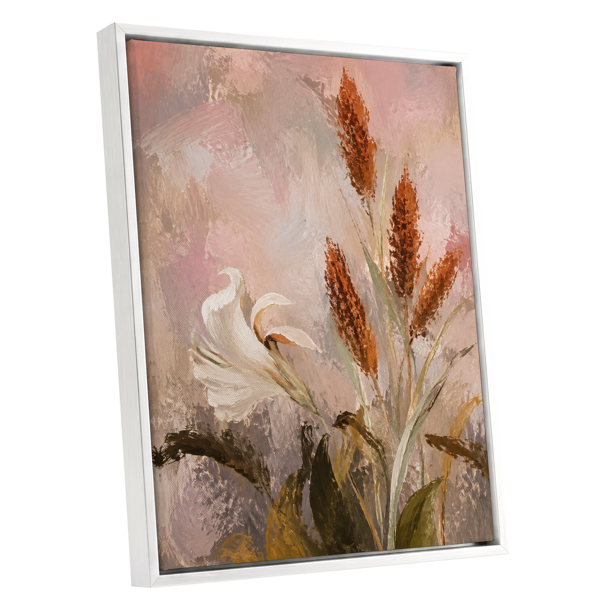 Blush and Russet Lily, pink, beige, white floral wall art shown as a white framed canvas wall art