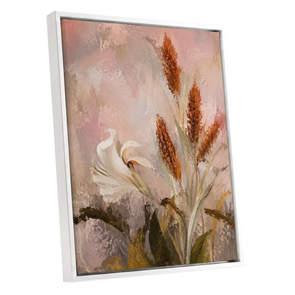 Blush and Russet Lily, pink, beige, white floral wall art shown as a white framed canvas wall art