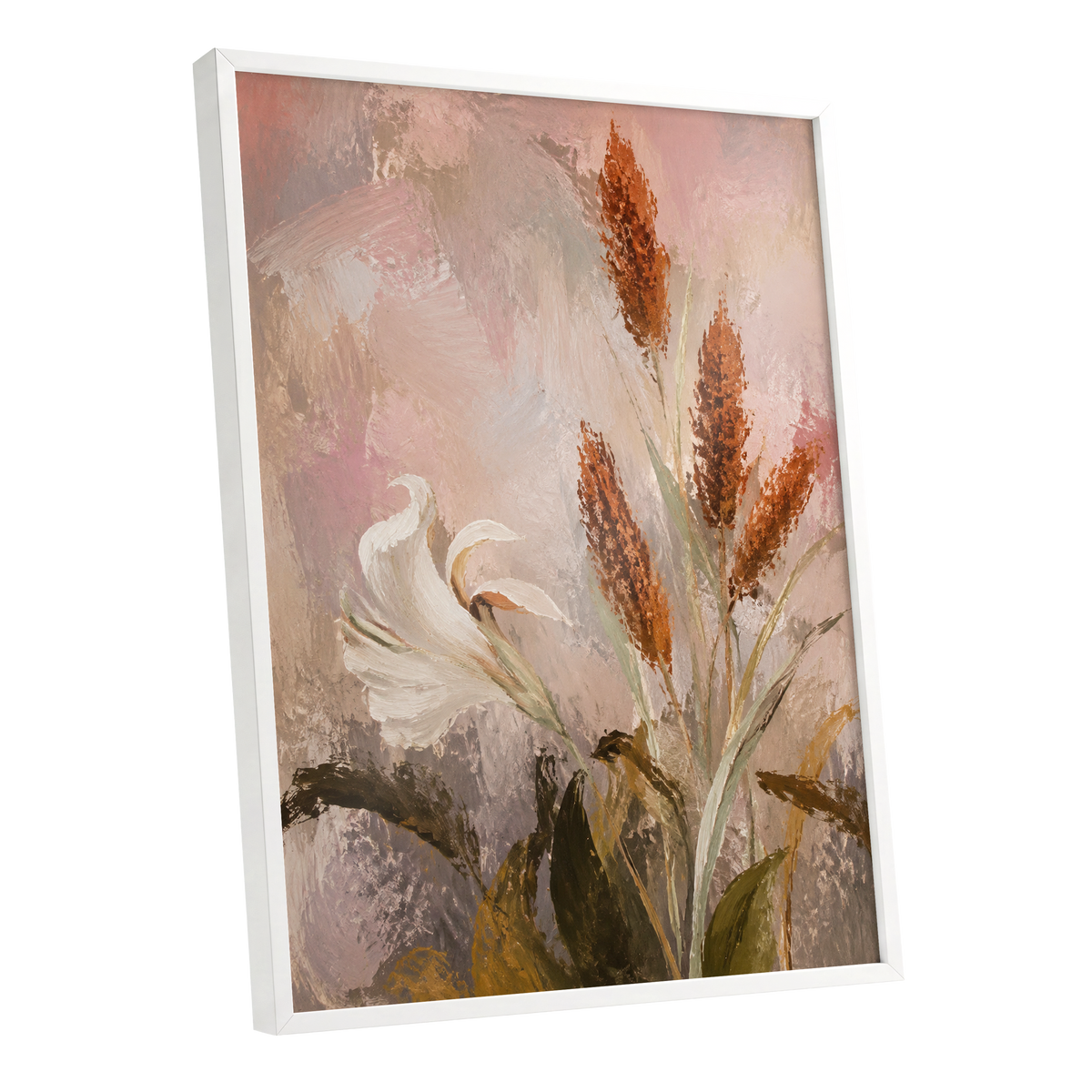 Blush and Russet Lily, pink, beige, white floral wall art shown as a white framed poster wall art print