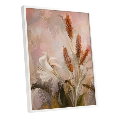 Blush and Russet Lily, pink, beige, white floral wall art shown as a white framed poster wall art print