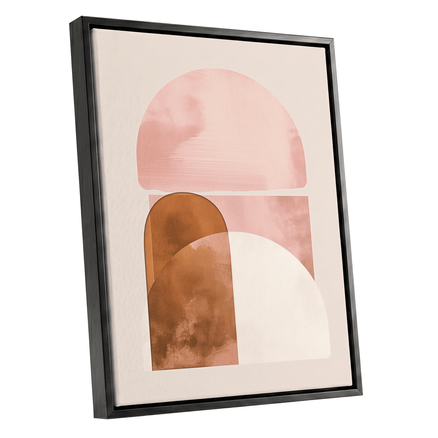 Blush Arc Assembly, pink, brown, beige minimalist wall art shown as a black framed canvas wall art