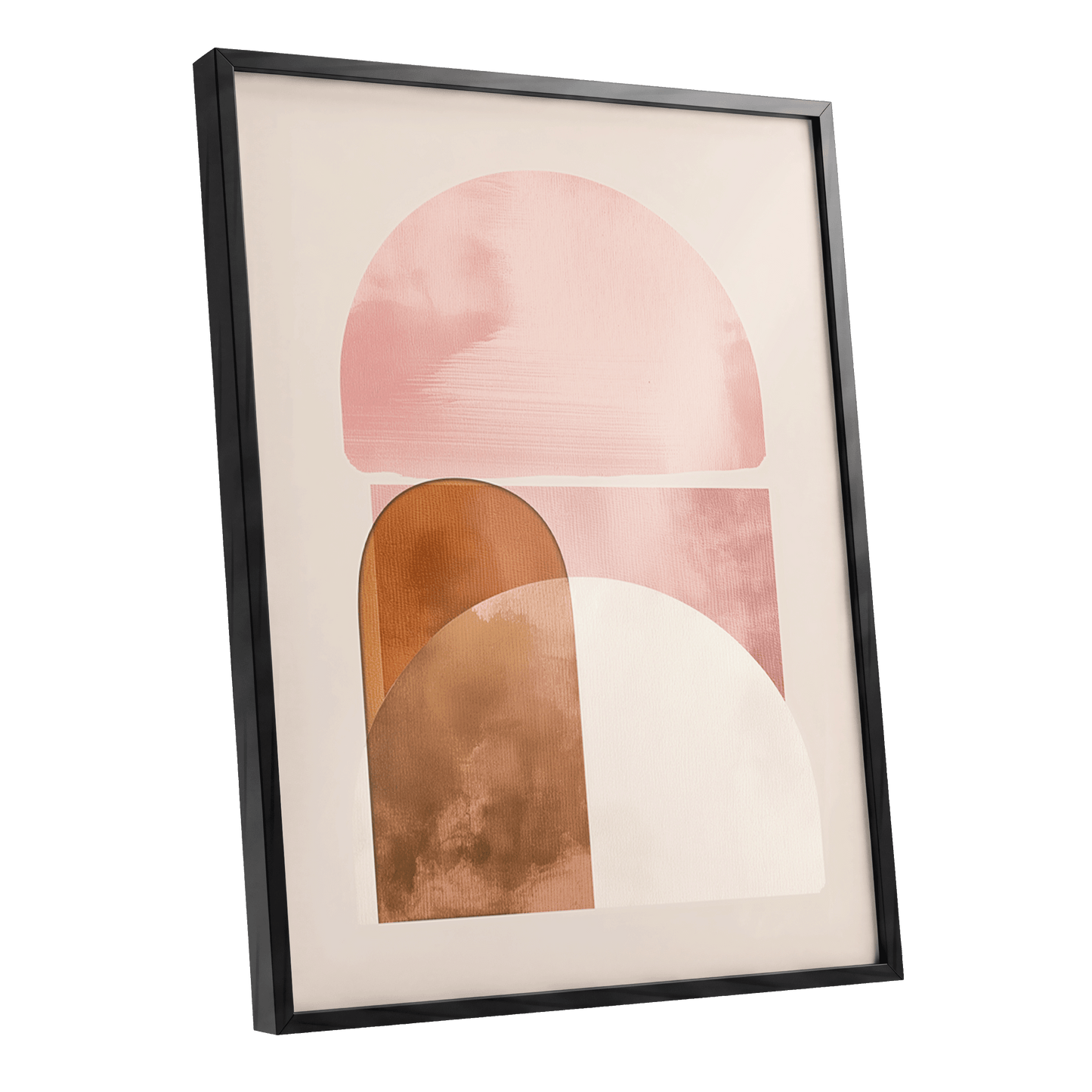 Blush Arc Assembly, pink, brown, beige minimalist wall art shown as a black framed poster wall art print