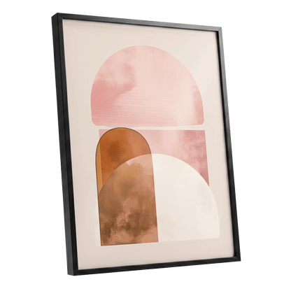 Blush Arc Assembly, pink, brown, beige minimalist wall art shown as a black framed poster wall art print