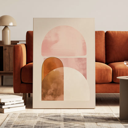 Blush Arc Assembly, pink, brown, beige minimalist wall art on canvas displayed in a styled interior, gallery view 1