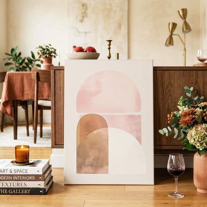 Blush Arc Assembly, pink, brown, beige minimalist wall art on canvas displayed in a styled interior, gallery view 2