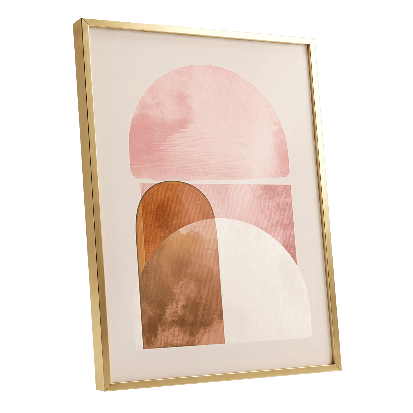 Blush Arc Assembly, pink, brown, beige minimalist wall art shown as a gold framed poster wall art print