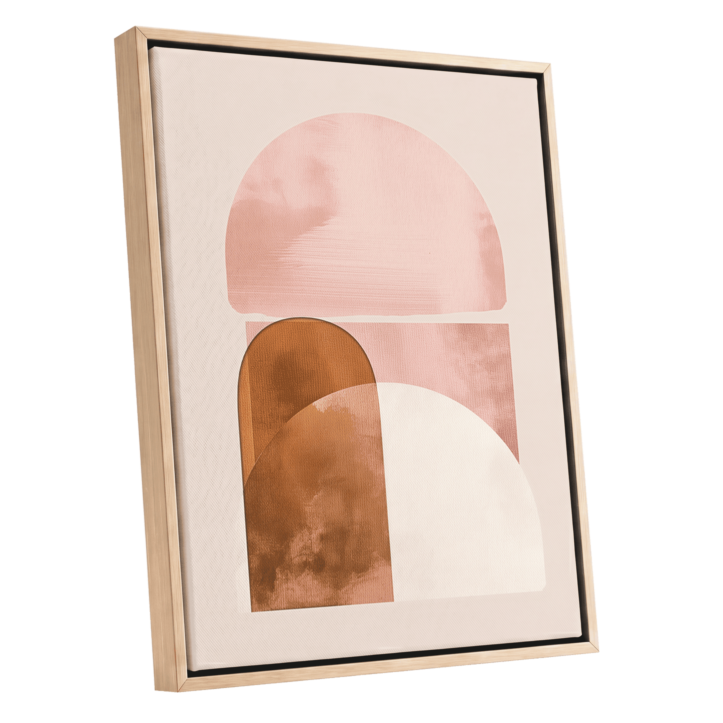 Blush Arc Assembly, pink, brown, beige minimalist wall art shown as a oak framed canvas wall art