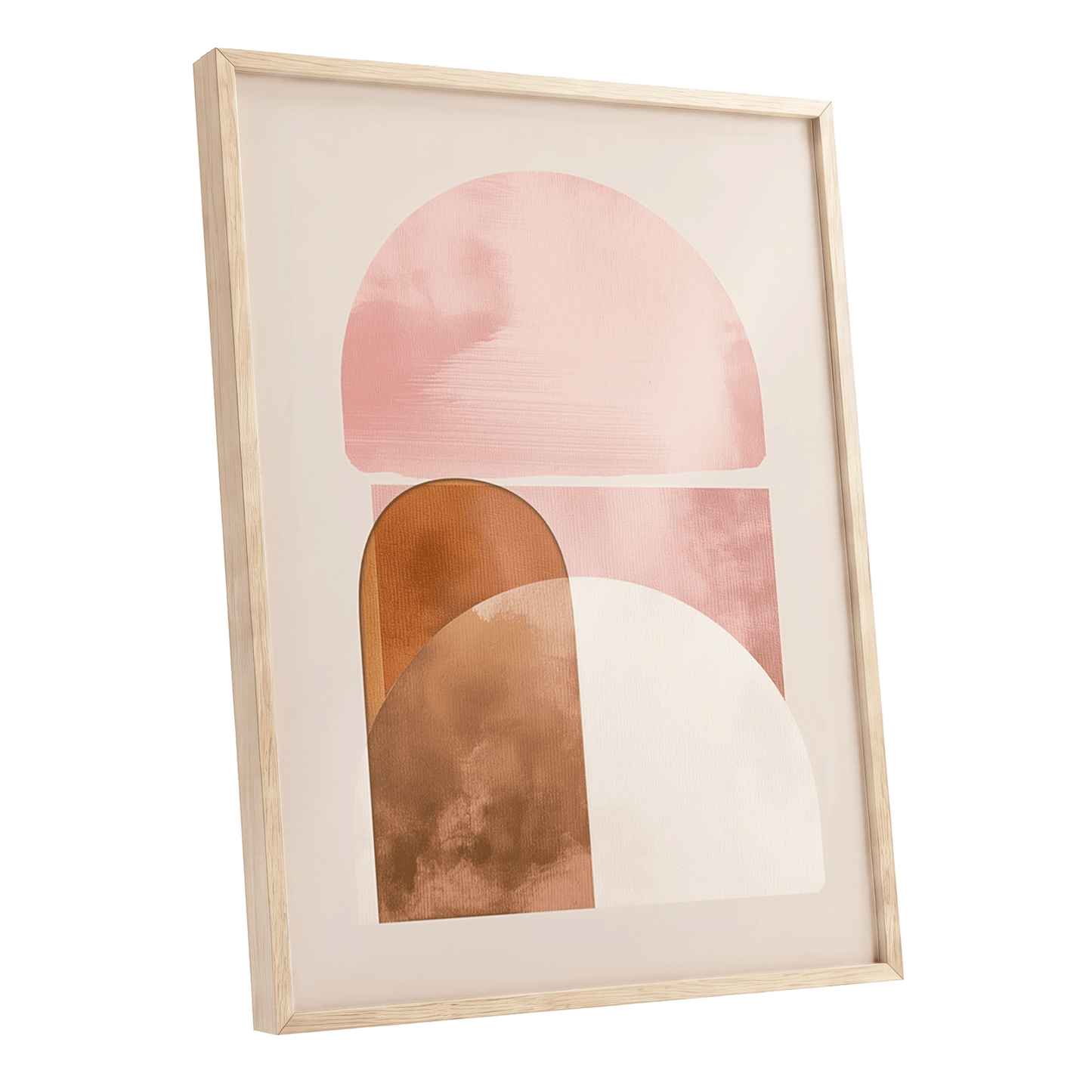 Blush Arc Assembly, pink, brown, beige minimalist wall art shown as a oak framed poster wall art print