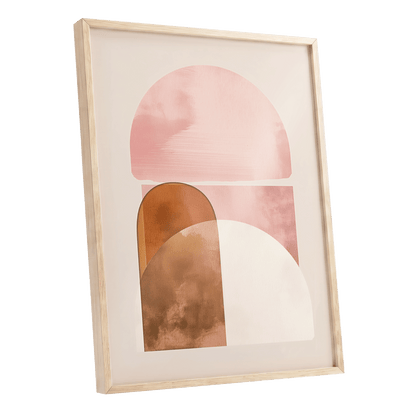 Blush Arc Assembly, pink, brown, beige minimalist wall art shown as a oak framed poster wall art print