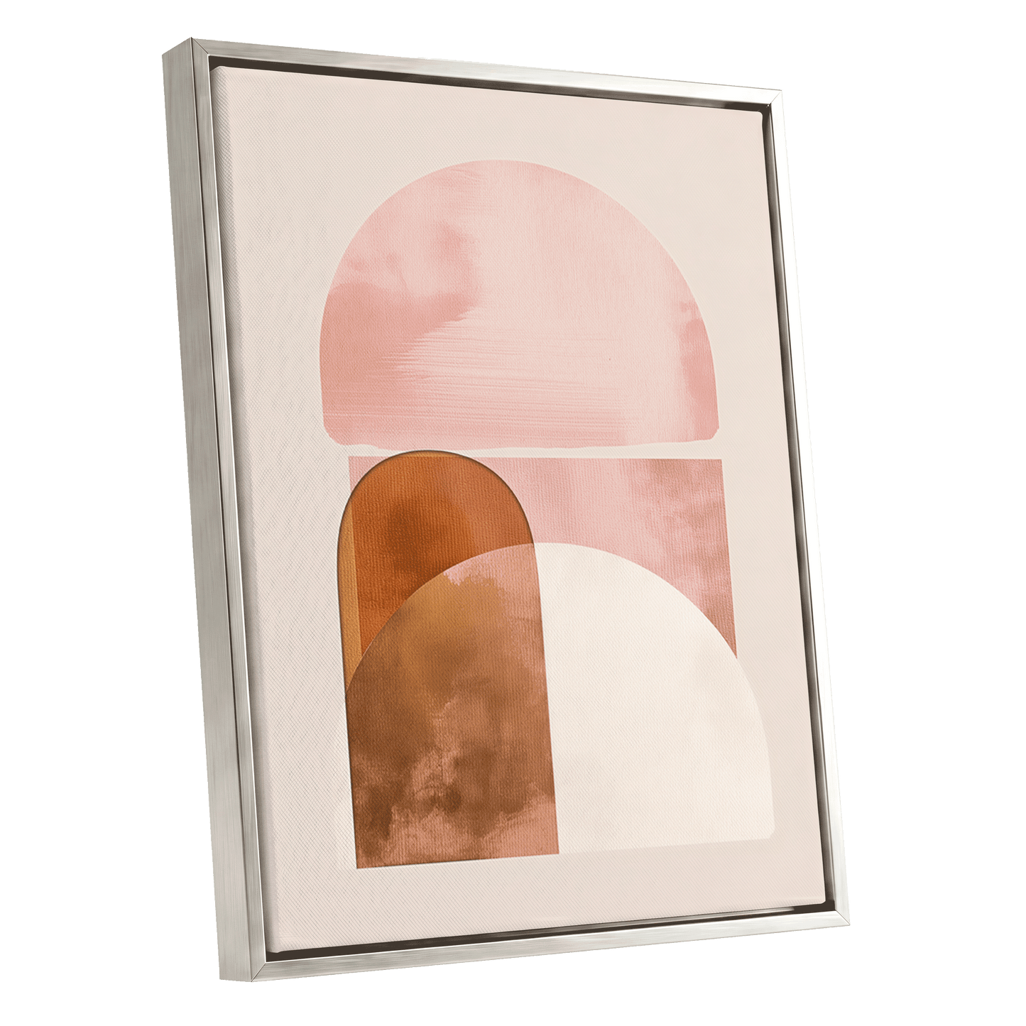 Blush Arc Assembly, pink, brown, beige minimalist wall art shown as a silver framed canvas wall art