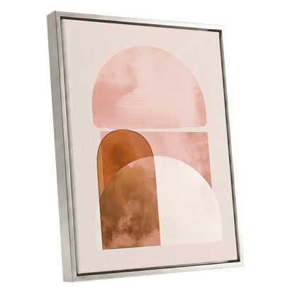 Blush Arc Assembly, pink, brown, beige minimalist wall art shown as a silver framed canvas wall art