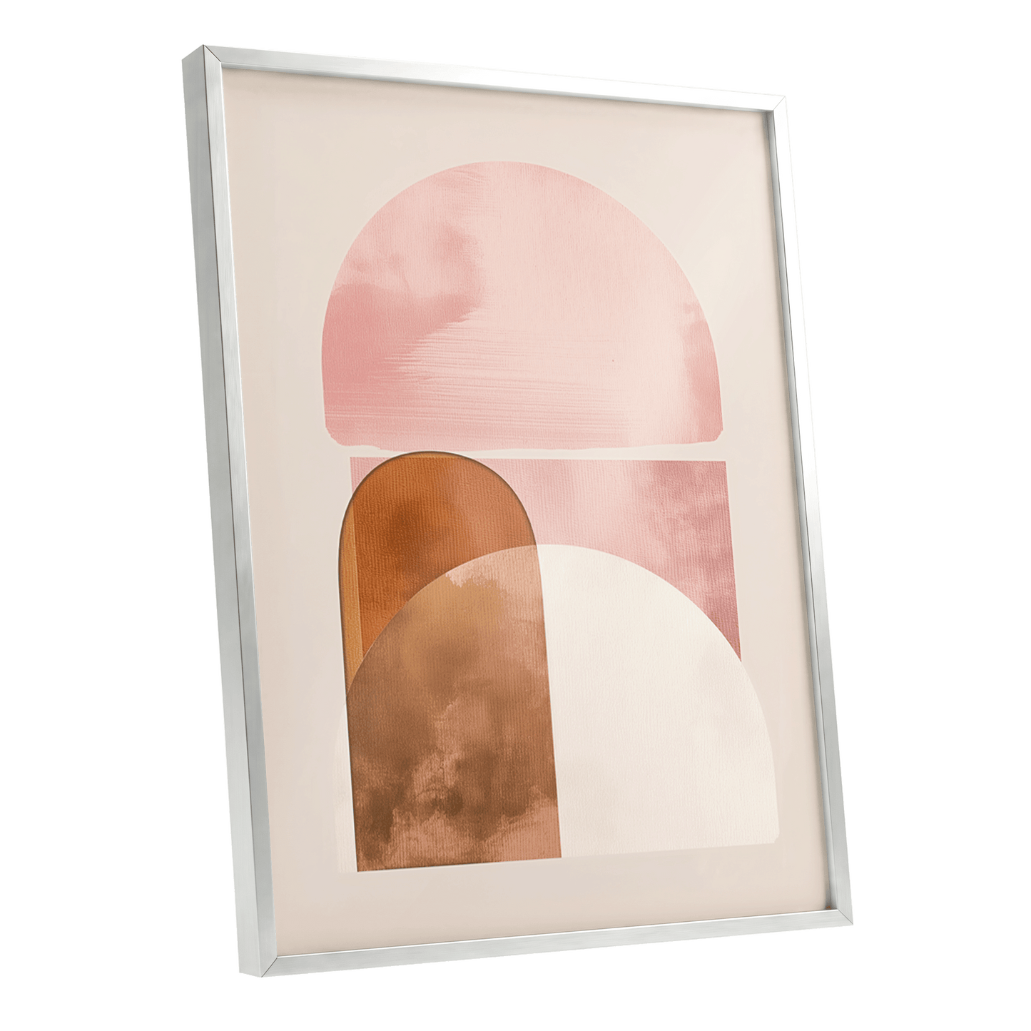 Blush Arc Assembly, pink, brown, beige minimalist wall art shown as a silver framed poster wall art print
