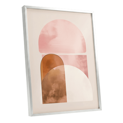 Blush Arc Assembly, pink, brown, beige minimalist wall art shown as a silver framed poster wall art print