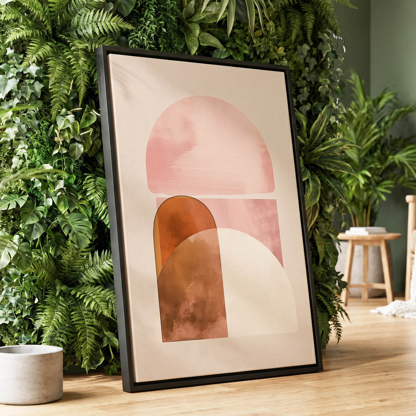 Blush Arc Assembly, pink, brown, beige minimalist wall art displayed in a styled interior, gallery view 1