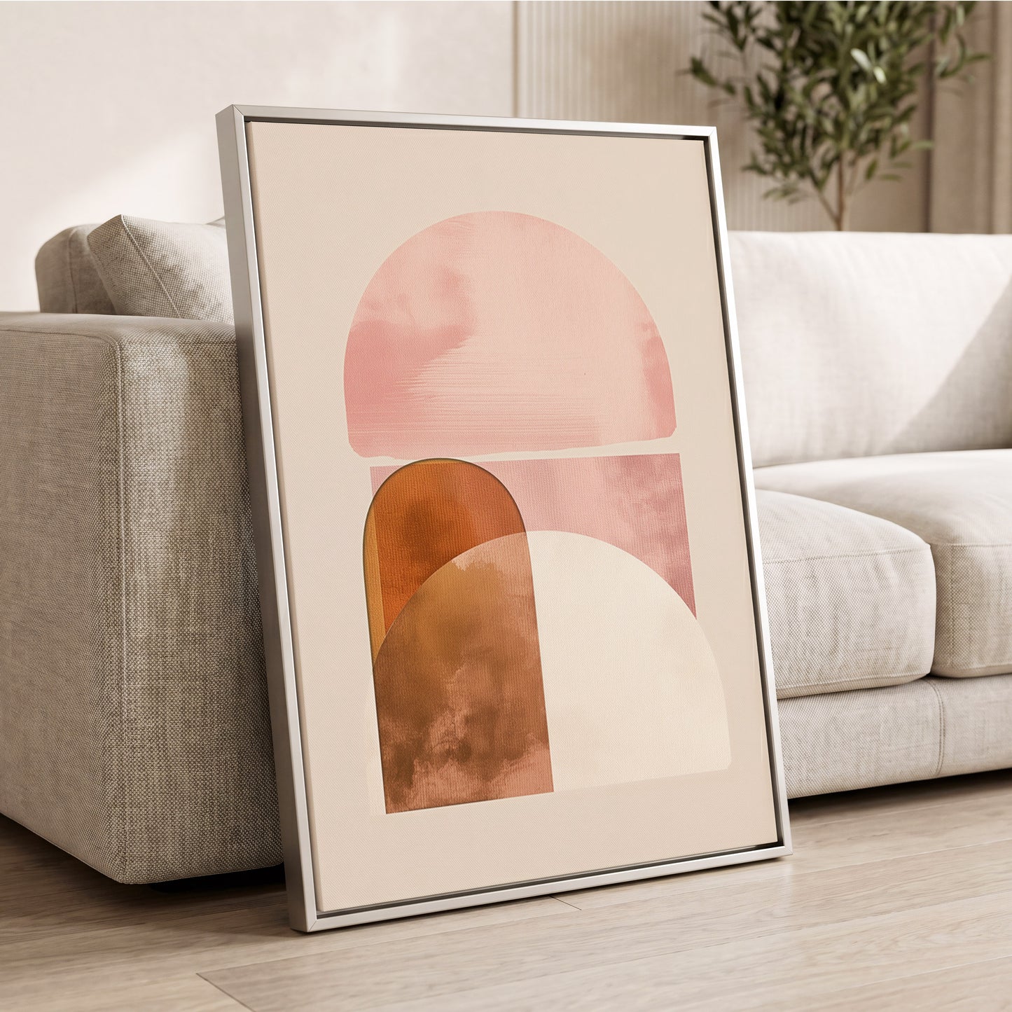 Blush Arc Assembly, pink, brown, beige minimalist wall art displayed in a styled interior, gallery view 2