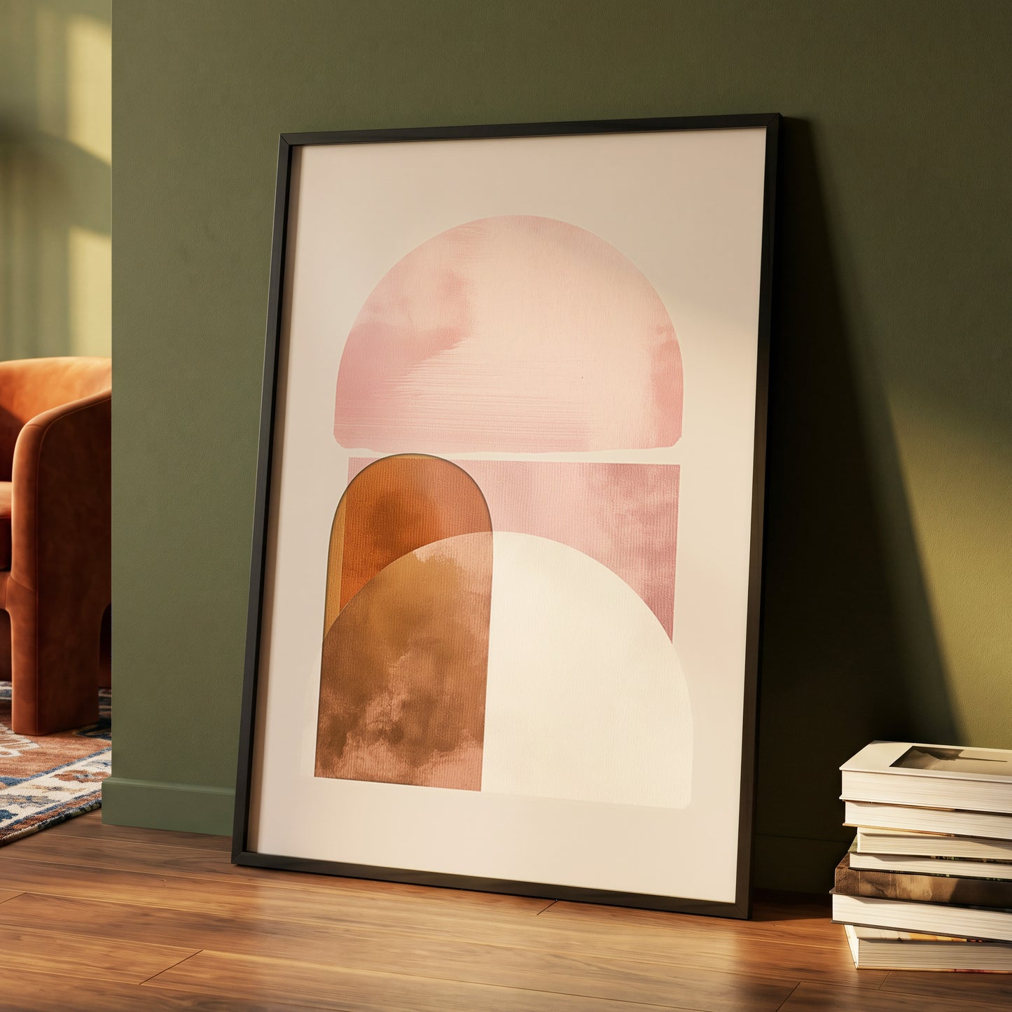 Blush Arc Assembly, pink, brown, beige minimalist wall art displayed in a styled interior, gallery view 4