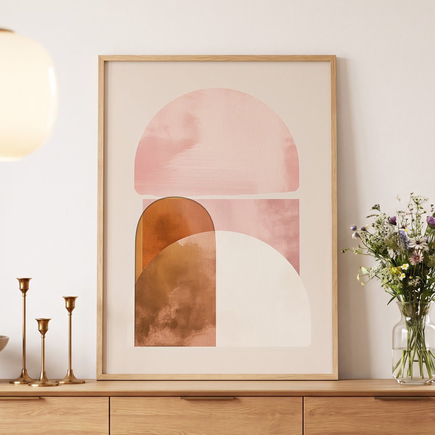 Blush Arc Assembly, pink, brown, beige minimalist wall art displayed in a styled interior, gallery view 5