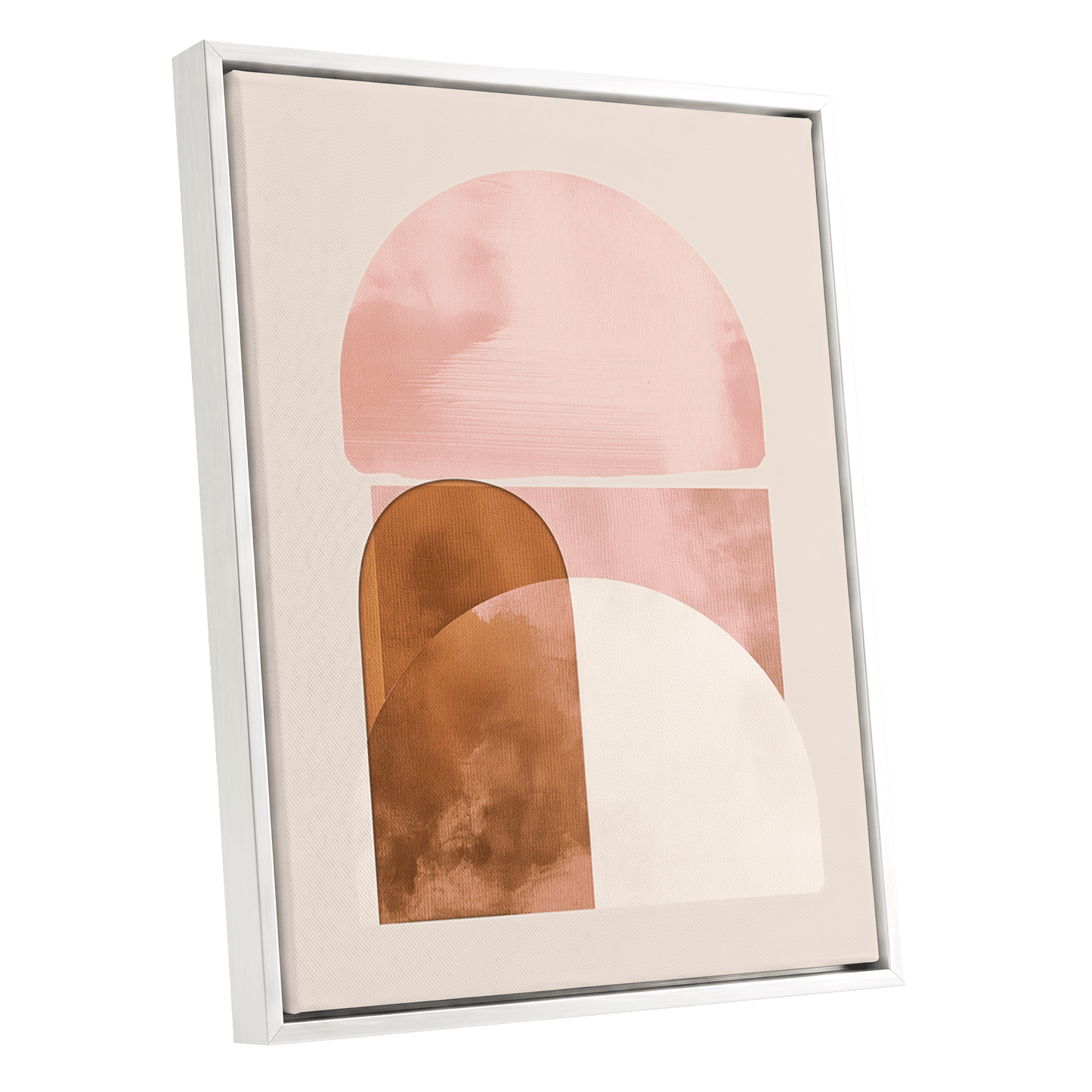 Blush Arc Assembly, pink, brown, beige minimalist wall art shown as a white framed canvas wall art