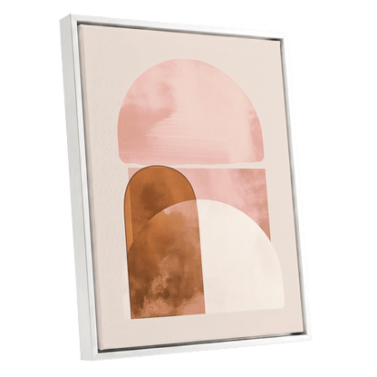 Blush Arc Assembly, pink, brown, beige minimalist wall art shown as a white framed canvas wall art