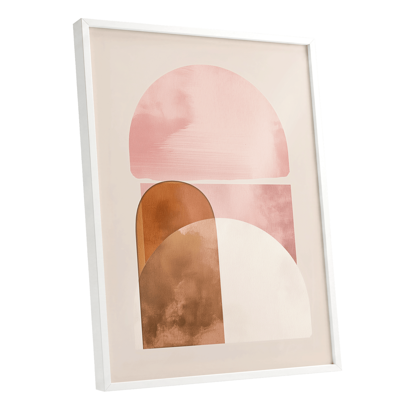 Blush Arc Assembly, pink, brown, beige minimalist wall art shown as a white framed poster wall art print