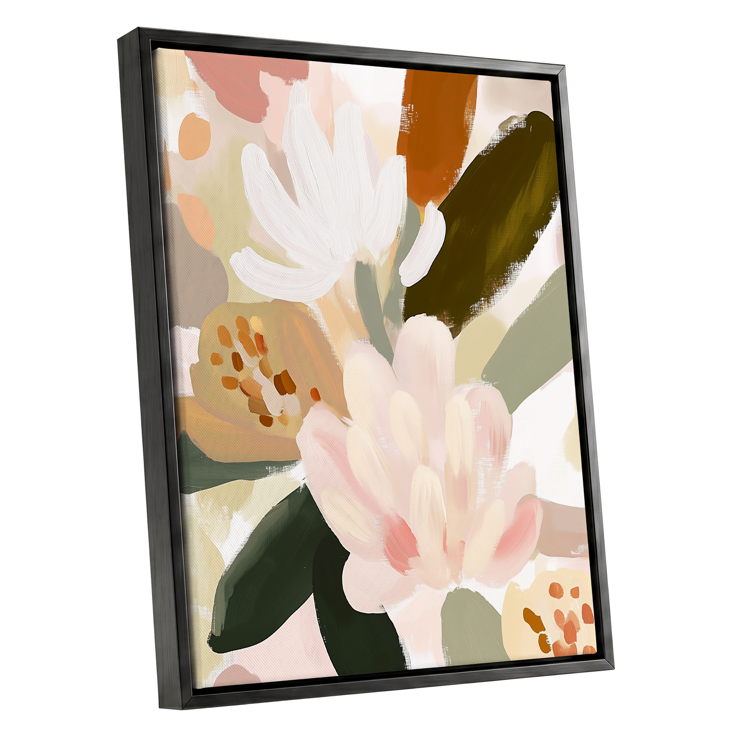 Blush Botanica, pink, white, green floral wall art shown as a black framed canvas wall art