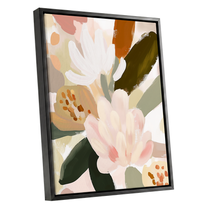 Blush Botanica, pink, white, green floral wall art shown as a black framed canvas wall art