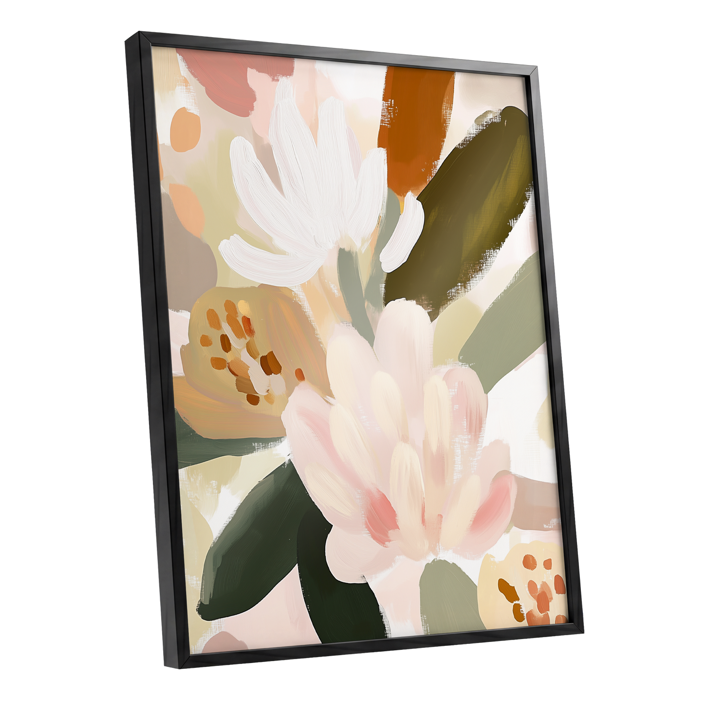 Blush Botanica, pink, white, green floral wall art shown as a black framed poster wall art print