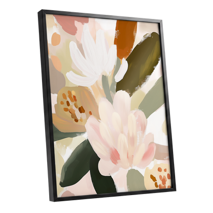 Blush Botanica, pink, white, green floral wall art shown as a black framed poster wall art print