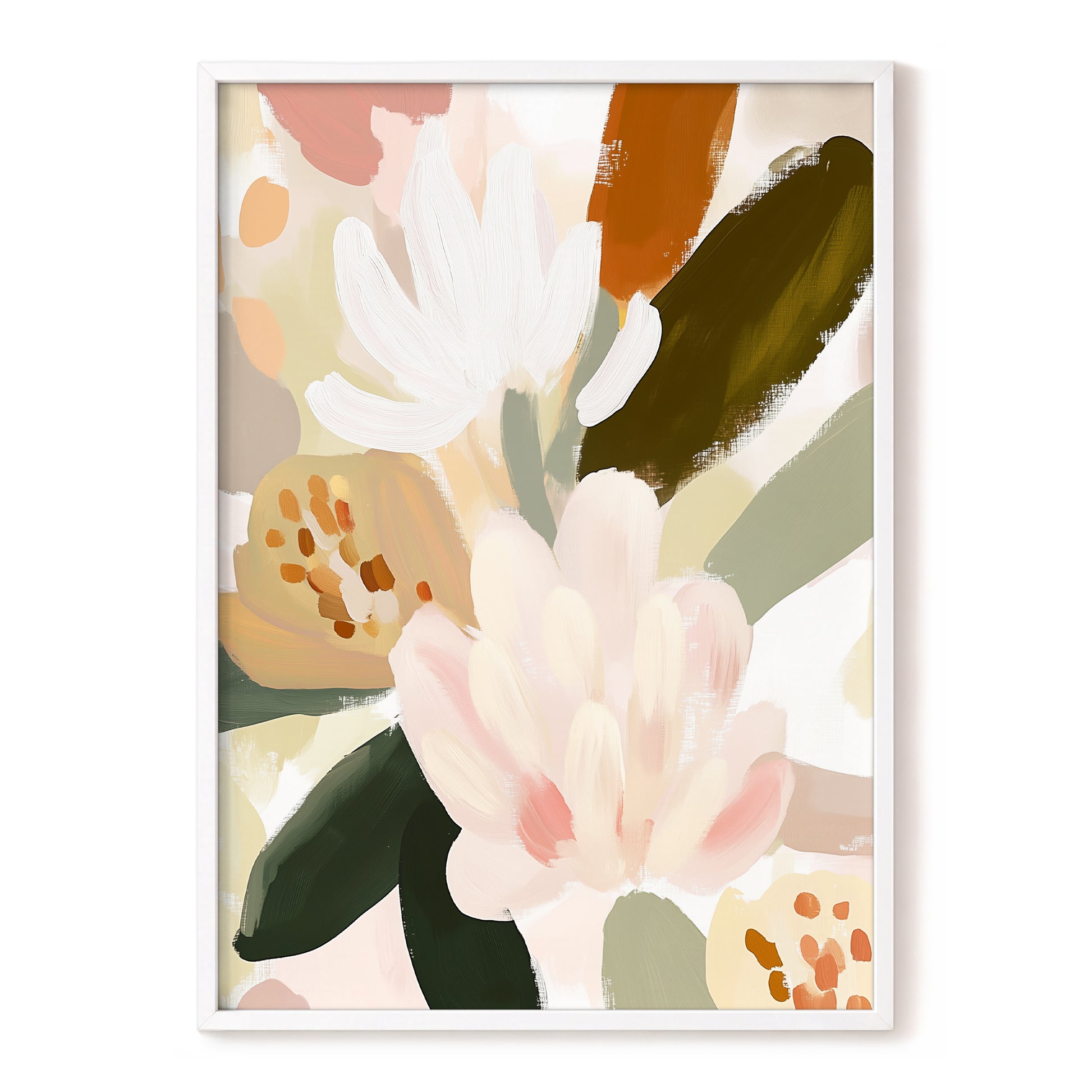 Blush Botanica, pink, white, green floral wall art, front artwork view