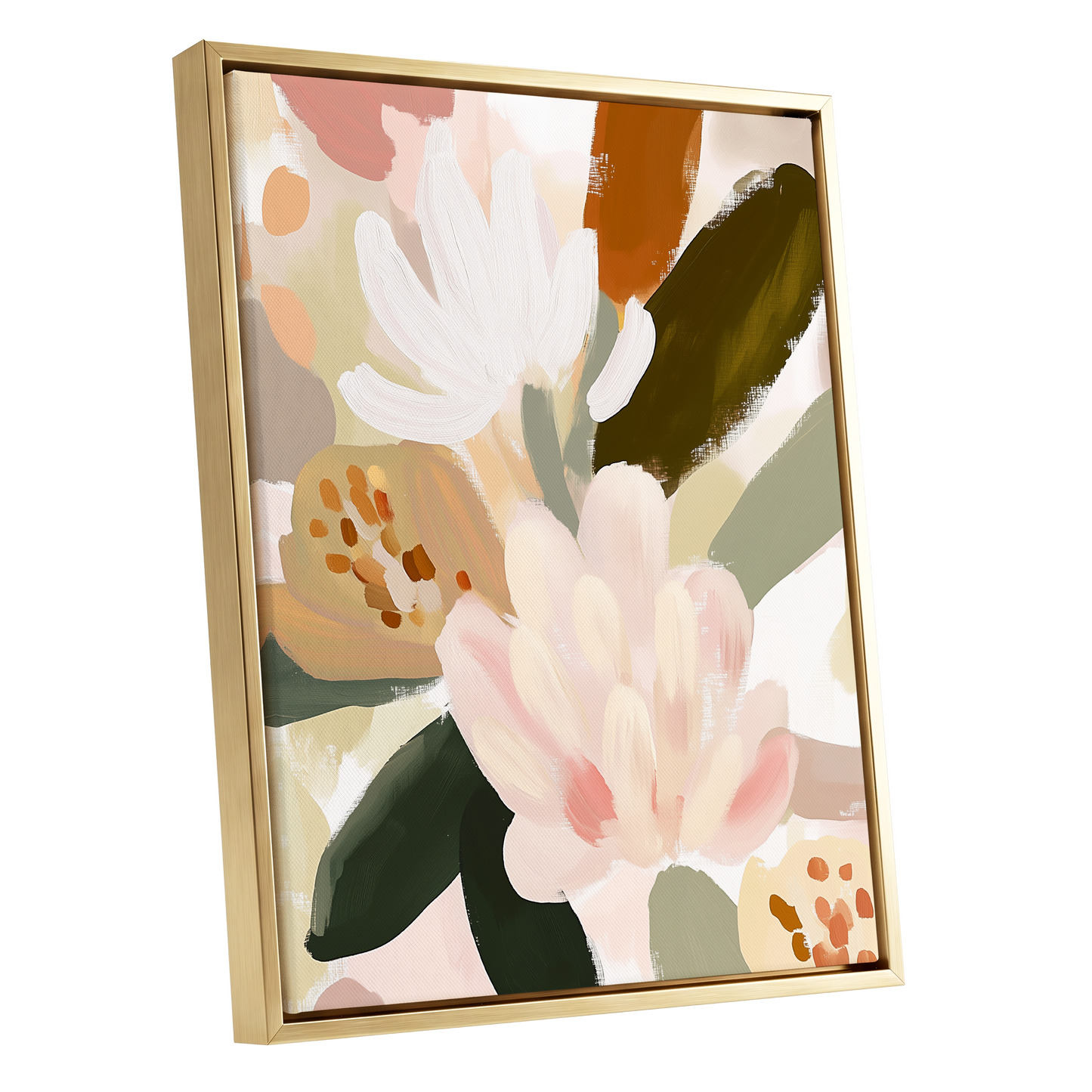 Blush Botanica, pink, white, green floral wall art shown as a gold framed canvas wall art