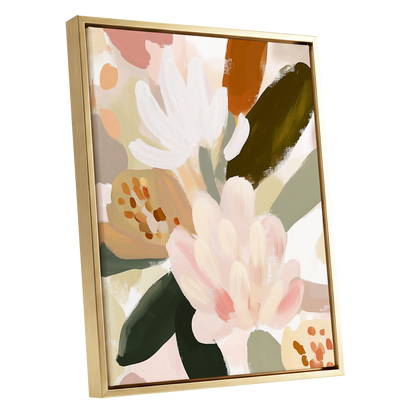 Blush Botanica, pink, white, green floral wall art shown as a gold framed canvas wall art