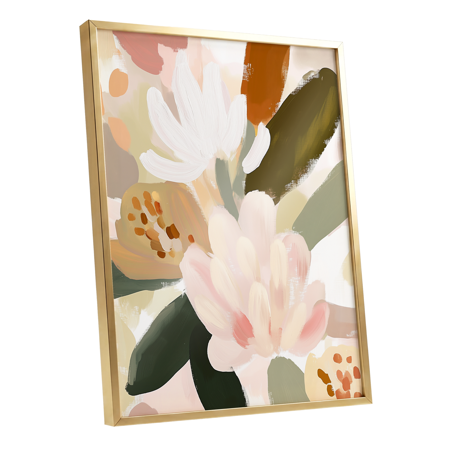 Blush Botanica, pink, white, green floral wall art shown as a gold framed poster wall art print