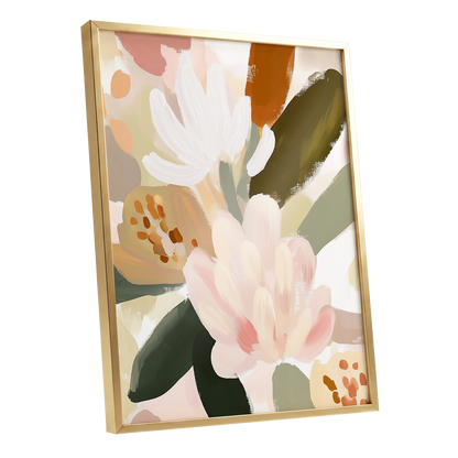 Blush Botanica, pink, white, green floral wall art shown as a gold framed poster wall art print