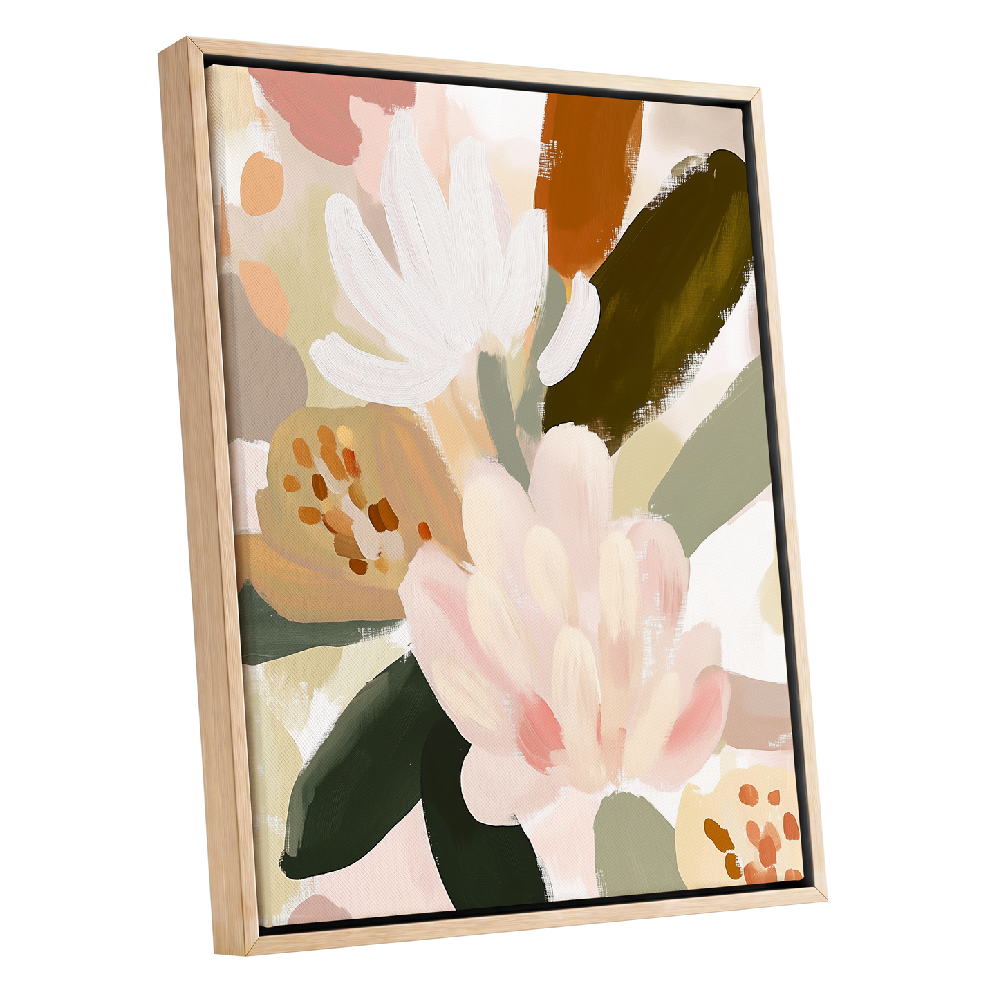 Blush Botanica, pink, white, green floral wall art shown as a oak framed canvas wall art