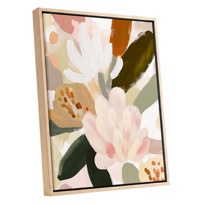 Blush Botanica, pink, white, green floral wall art shown as a oak framed canvas wall art