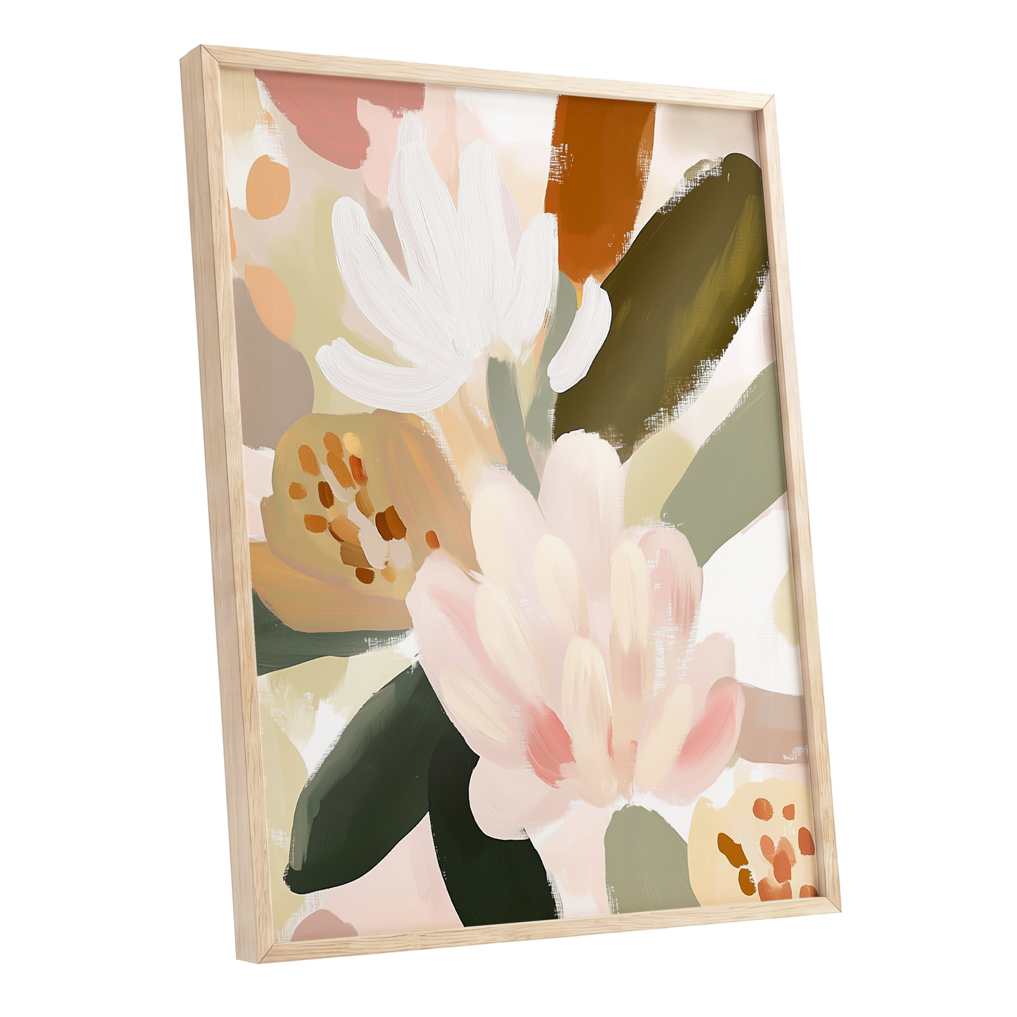 Blush Botanica, pink, white, green floral wall art shown as a oak framed poster wall art print