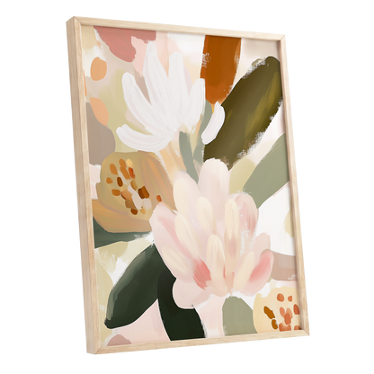 Blush Botanica, pink, white, green floral wall art shown as a oak framed poster wall art print