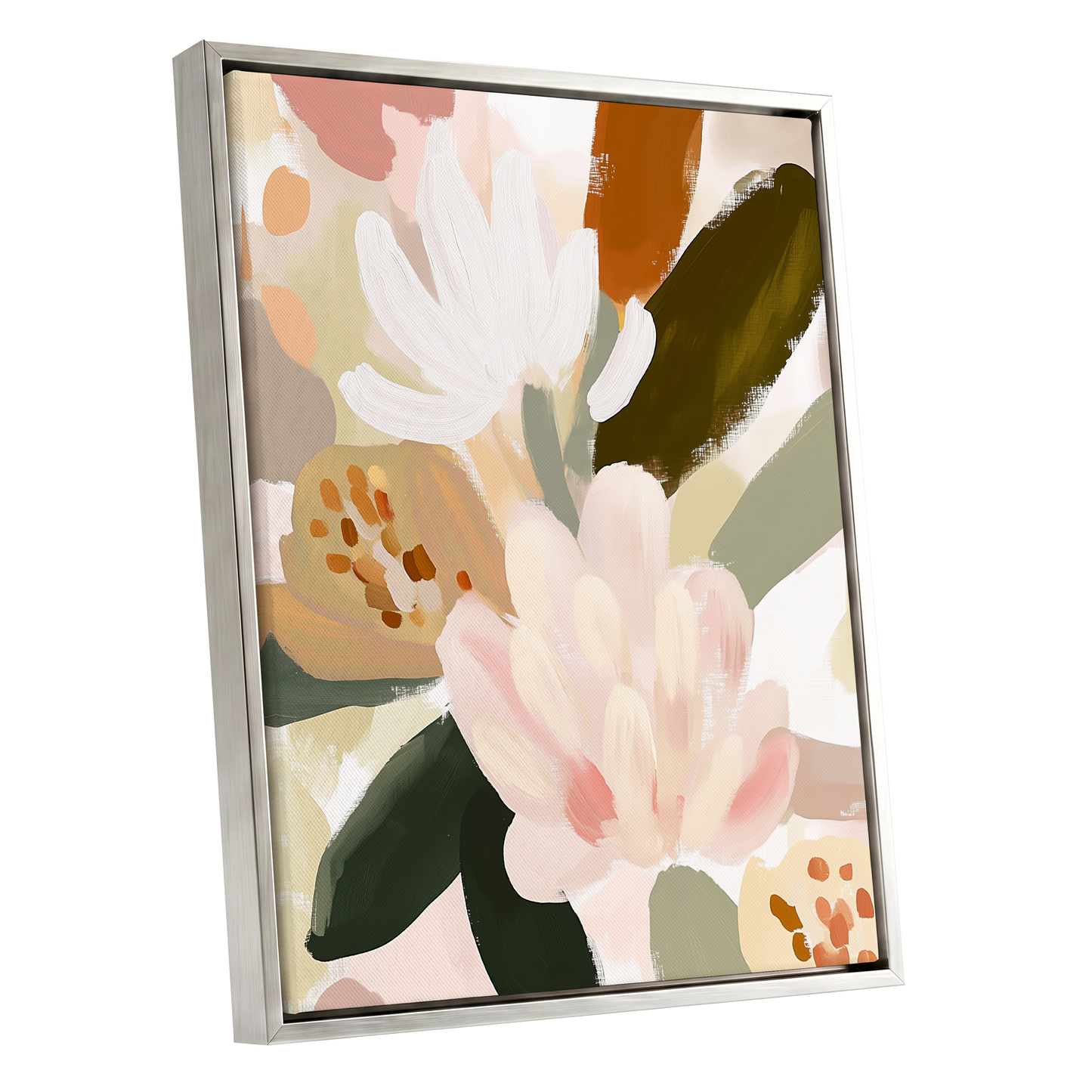 Blush Botanica, pink, white, green floral wall art shown as a silver framed canvas wall art