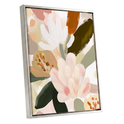 Blush Botanica, pink, white, green floral wall art shown as a silver framed canvas wall art
