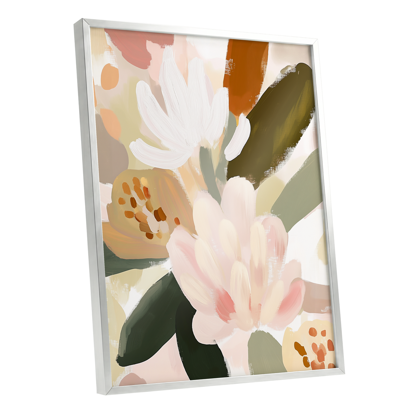 Blush Botanica, pink, white, green floral wall art shown as a silver framed poster wall art print