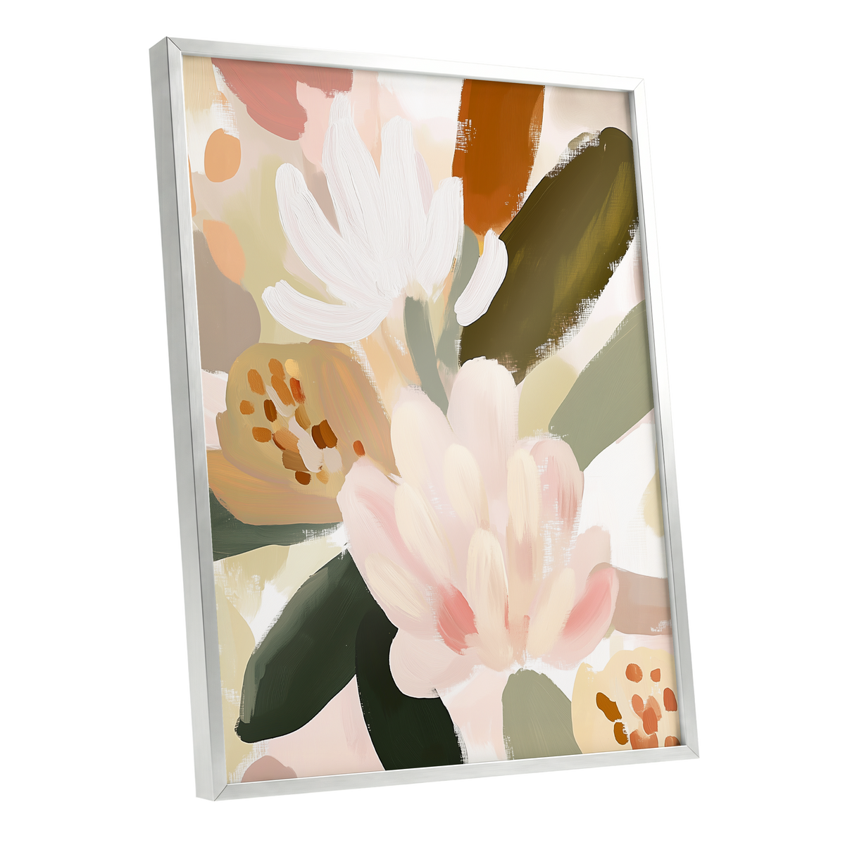 Blush Botanica, pink, white, green floral wall art shown as a silver framed poster wall art print