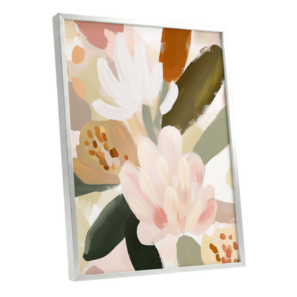 Blush Botanica, pink, white, green floral wall art shown as a silver framed poster wall art print