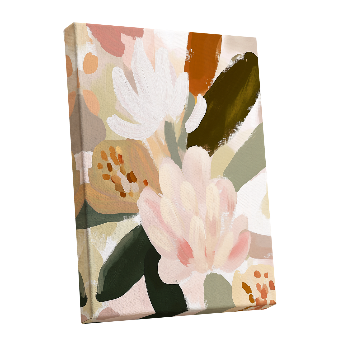 Blush Botanica, pink, white, green floral wall art shown as a stretched canvas wall art