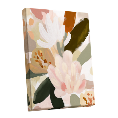 Blush Botanica, pink, white, green floral wall art shown as a stretched canvas wall art