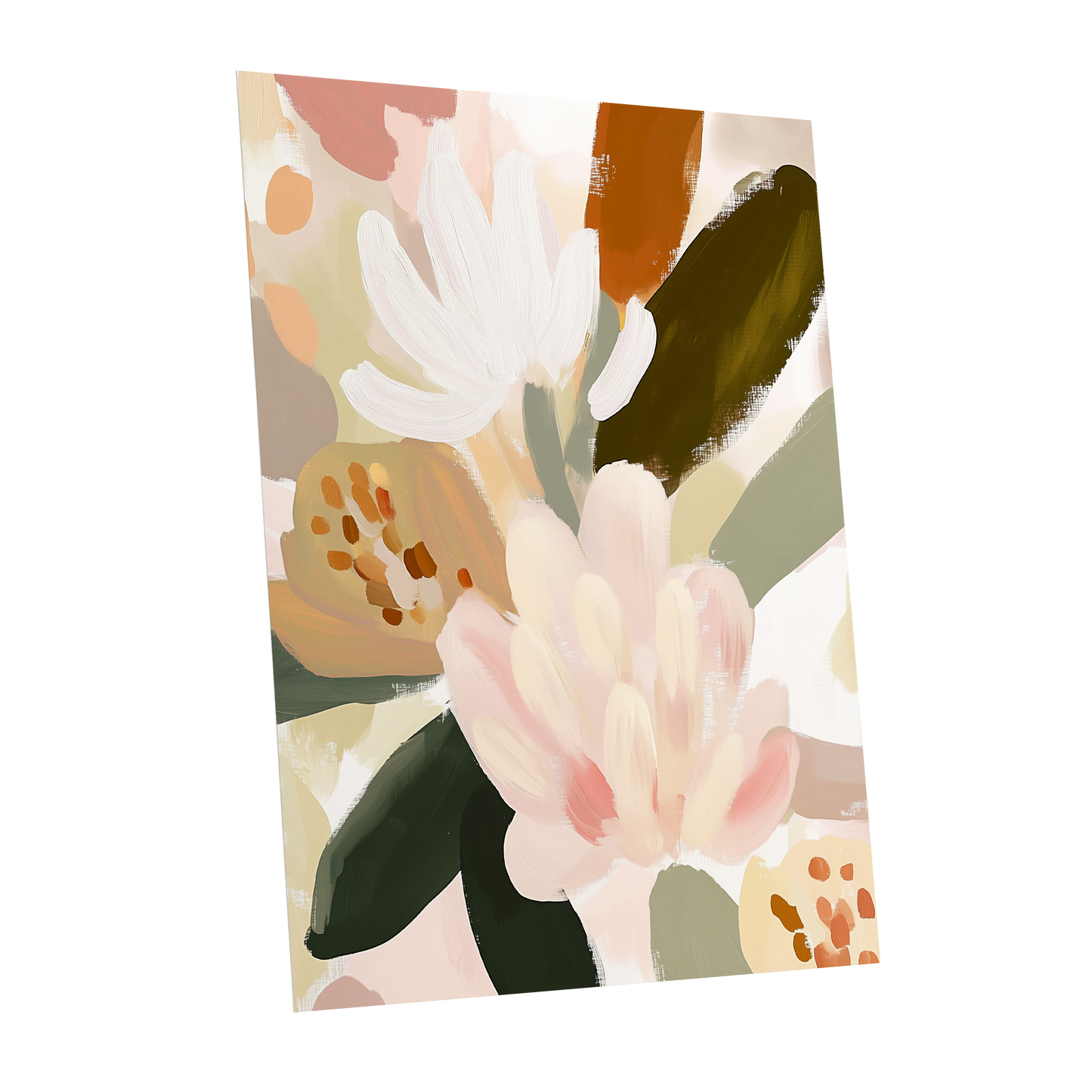 Blush Botanica, pink, white, green floral wall art shown as a unframed poster wall art print