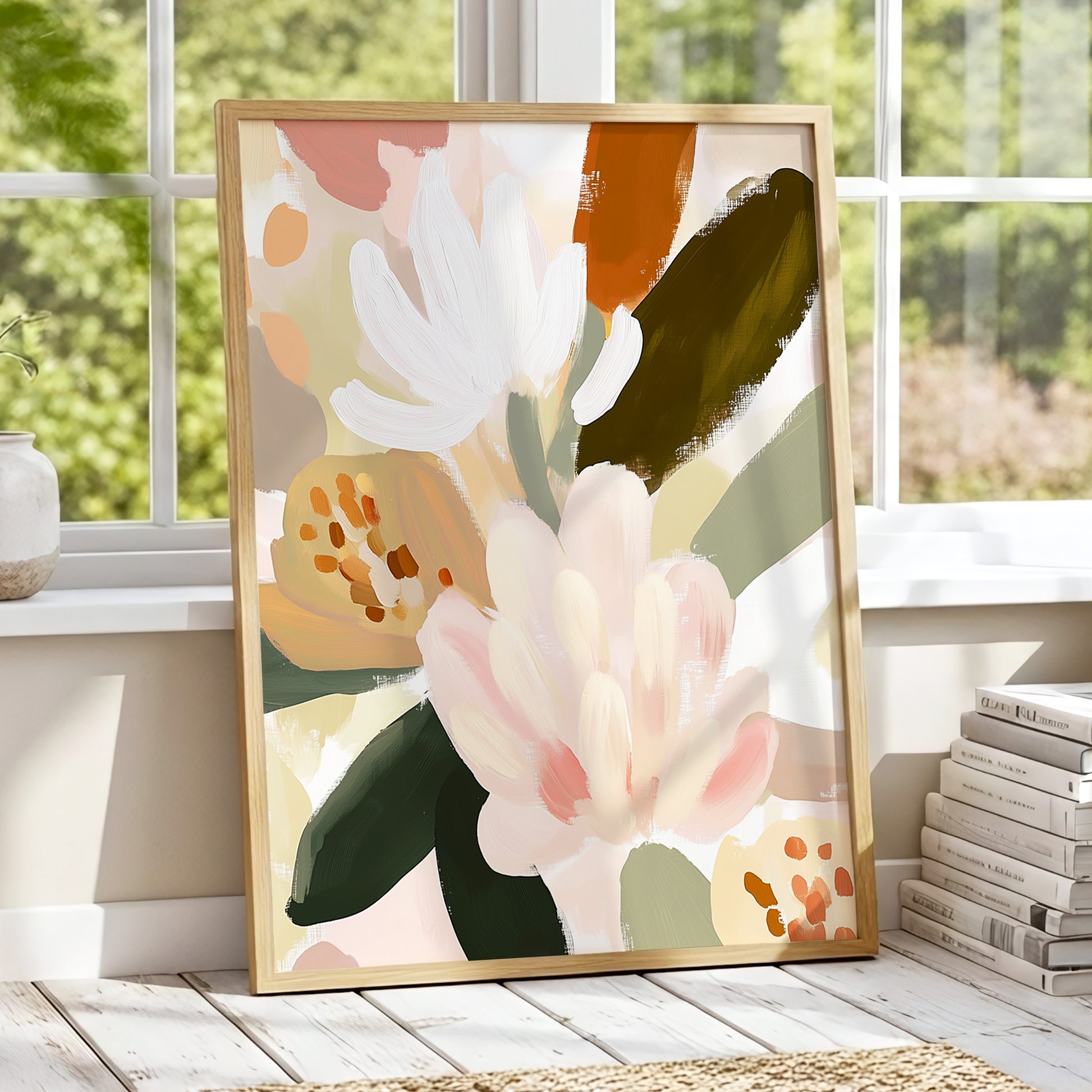 Blush Botanica, pink, white, green floral wall art displayed in a styled interior, gallery view 2
