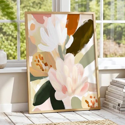 Blush Botanica, pink, white, green floral wall art displayed in a styled interior, gallery view 2