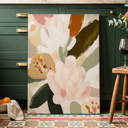 Blush Botanica, pink, white, green floral wall art displayed in a styled interior, gallery view 3